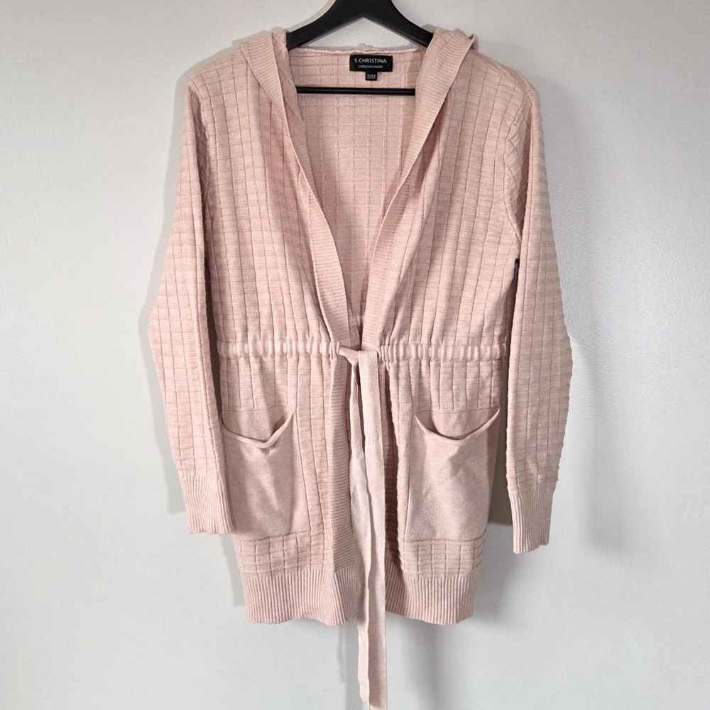 LUXURY S. Christina Blush Pink 100% Cashmere Hooded Belted Cardigan Sz S/M